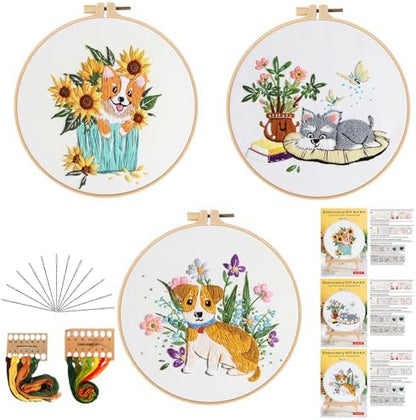 GLTAYLMY Dogs Embroidery Kit for Beginners with Pattern and Instructions,3 Pack Cross Stitch Kits,1 Plastic Embroidery Hoops,Threads and Needles,Needlepoint Kit for Adults by GLTAYLMYFortuneSmilesonJoyfulTradingwithEveryone