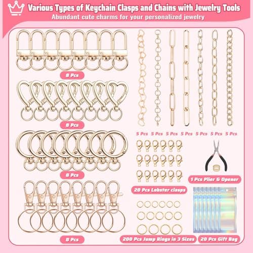 Modacraft 617 Pcs Charms Lip Gloss Keychain Making Kit, DIY Bag Charm Kit Including 32 Key Chain Hooks 35 Extender Chains 308 Charms 200 Jump Rings 20 Lobster Clasps 20 Gift Bags for Craft Supplies - Image 3