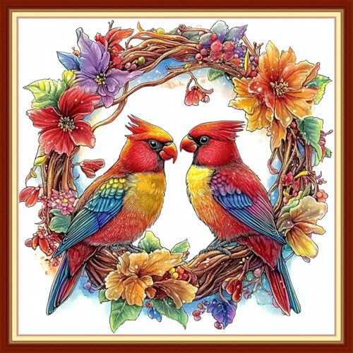 Joyhoor Cross Stitch Kits for Beginners Stamped Cross-Stitch Supplies Needlework preprint Embroidery Kits for Adults DIY Needlepoint Kits Embroidery Patterns 11CT-Flower Garland Bird 18x18 inchs by JoyhoorCrossStitchKits