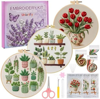 3 Pack Embroidery Kit for Adult Beginners, Needlepoint Cross Stitch Kits with Flower and Green Plant Stamped Patterns, Embroidery Hoop, Tools,Colorful Threads,Step by Step Instructions,DIY Starter Kit by Uniartfy