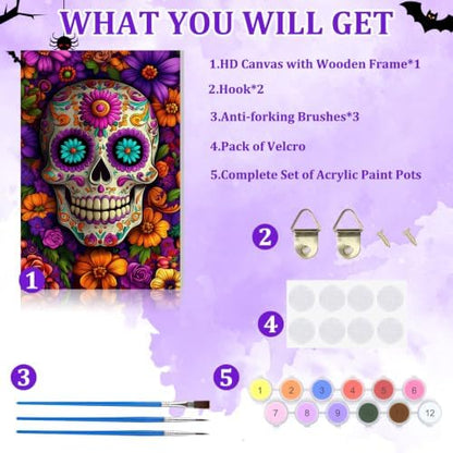 NAIMOER Halloween Paint by Numbers Kits for Adults Beginner with Wooden Framed, Skull Flowers Color by Numbers on Canvas Painting Kits for Adults, Easy Paint DIY Acrylic for Home Wall Decor 8X12 Inch - Image 5