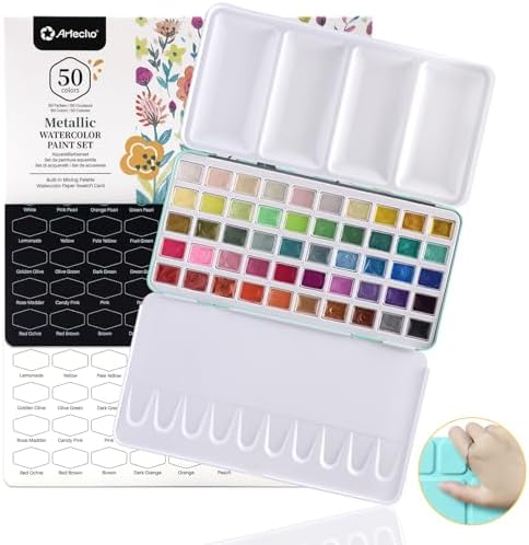 Artecho 50-Color Metallic Watercolor Paint Set with Easy-Hold Ring by Artecho
