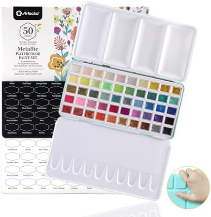 Artecho 50-Color Metallic Watercolor Paint Set with Easy-Hold Ring by Artecho