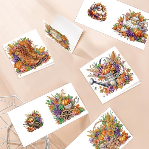 6 Pack Thanksgiving Diamond Painting Greeting Card Kits, DIY Fall Harvest Rhinestone Cards with Envelopes, Autumn-Themed Diamond Art Craft Set with Pumpkins, Corn, Grapes and Give Thanks Message - Image 6