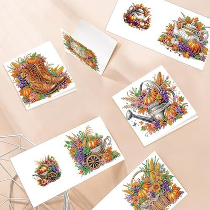 6 Pack Thanksgiving Diamond Painting Greeting Card Kits, DIY Fall Harvest Rhinestone Cards with Envelopes, Autumn-Themed Diamond Art Craft Set with Pumpkins, Corn, Grapes and Give Thanks Message - Image 6