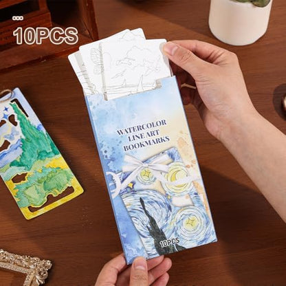 icceemee 10 pcs Bookmarks Oil Painting Themes Watercolor Painting, DIY Coloring Watercolor Art Kits for Gift, Book Corner - Protecting Bookmark Craft Supplies Kits - Image 6