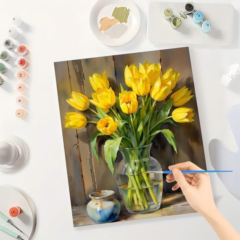Floral Still Life Paint by Numbers Kit for Adults - DIY Yellow Tulips in Glass Vase Painting on Canvas 8x12In, Framed Acrylic Paint Set, Suitable for Beginners, Art for Home Decoration or Gifts - Image 3