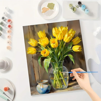 Floral Still Life Paint by Numbers Kit for Adults - DIY Yellow Tulips in Glass Vase Painting on Canvas 12x16In, Framed Acrylic Paint Set, Suitable for Beginners, Art for Home Decoration or Gifts - Image 3