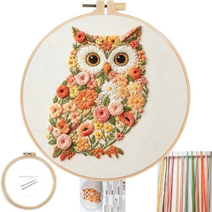FONNUY Floral Owl Embroidery Kit for Beginners, DIY Handmade Flower Animal Embroidery Set with Hoop, Stamped Cross Stitch Kit for Adults, Unique Home Wall Art Decor & Craft Gift (Orange) by FONNUY