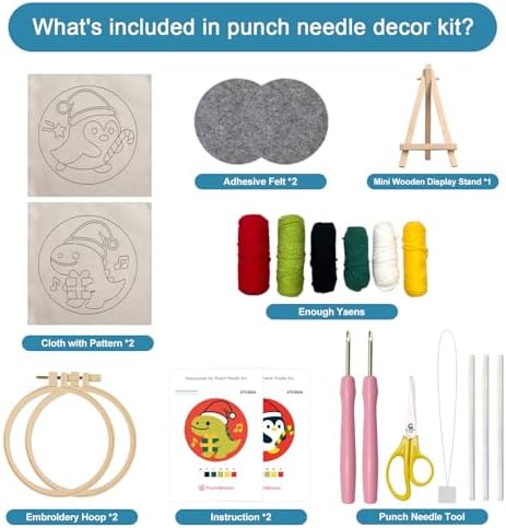 Christmas Punch Needle Kit for Adult Beginner, Easy Punch Embroidery Starter Set with Instruction, Fun DIY Needle Point Craft for Home Decor & Holiday Gift Idea(2pcs Dino & Penguin) - Image 3