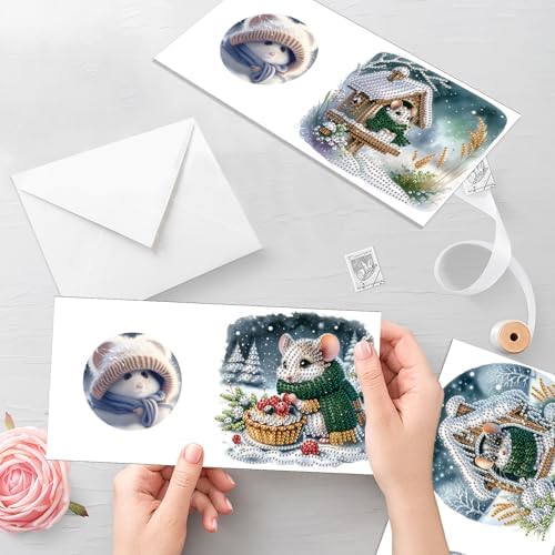 antor 6 Pack Christmas Diamond Art Cards with Envelopes, DIY Special Shaped Rhinestone Diamond Painting Greeting Card Kit, Winter Mouse Design for Adults Holiday Craft - Image 6