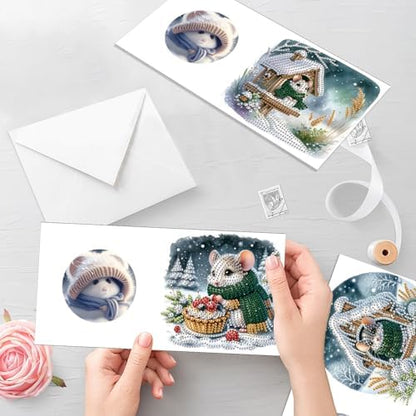 antor 6 Pack Christmas Diamond Art Cards with Envelopes, DIY Special Shaped Rhinestone Diamond Painting Greeting Card Kit, Winter Mouse Design for Adults Holiday Craft - Image 6