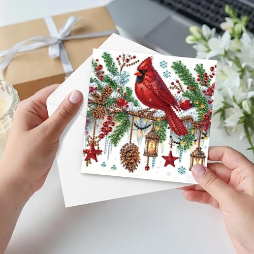 6Pcs Christmas Greeting Card DIY Diamond Art Painting Greeting Cards Blessing Folding Card Kit with White Envelopes Diamond Arts Crafts for Birthday Festival Gift-Cardinal - Image 3