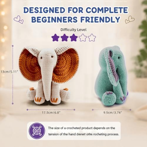 JYZJDKE Crochet Kit for Beginners Adults - DIY Amigurumi Elephant Knitting Starter Kit with Yarn Sets, Crochet Animal Kit Cute Stuffed Animal Craft Birthday Gifts (Beige White+Tiffany Green Elephant) - Image 4