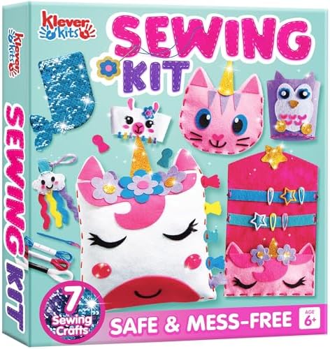 Klever Kits 7 Sewing Projects- My First Kids Sewing Kit- Easy DIY Arts and Crafts for Girls, Craft Kits, Birthday Gifts for Kids Aged 6+, Unicorn and Mermaid Pillow by KleverKits