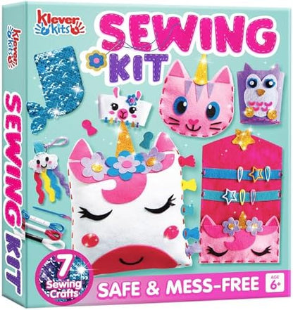 Klever Kits 7 Sewing Projects- My First Kids Sewing Kit- Easy DIY Arts and Crafts for Girls, Craft Kits, Birthday Gifts for Kids Aged 6+, Unicorn and Mermaid Pillow by KleverKits