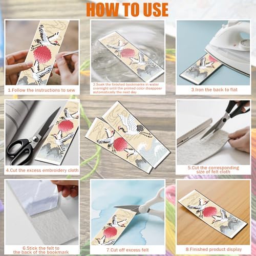FREEBLOSS 6 Set Cross Stitch Bookmark Kit 11 CT Complete Stamped Cross Stitch Kit DIY Embroidery Bookmark Kits for Adult Beginners with Instructions, Crane Pattern, 6 x 20 cm/8" x 2.4" - Image 5