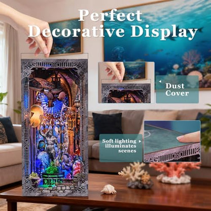 fifijoy Book Nook Kit - Atlantis DIY Miniature House Dollhouse Kit for Adults and Teens, 3D Wooden Puzzle Bookend Bookshelf Insert Decor with LED Light, Gifts for Family and Friends - Image 5