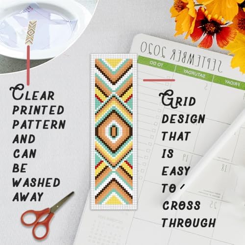 BEUNITONE Cross Stitch Bookmarks Kit 6 Pcs Geometric Pattern DIY Bookmarks Cross Stitch Kits for Beginners Boho Floral Fabric Bookmark Kit Traditional Decorative Counted Knitting Kit 8''x2.4'' - Image 3