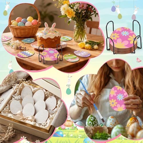 Reallnaive 8 Pcs Easter Eggs Paint by Numbers Kit for Adults Wooden Coaster - Image 6