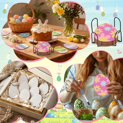 Reallnaive 8 Pcs Easter Eggs Paint by Numbers Kit for Adults Wooden Coaster - Image 6