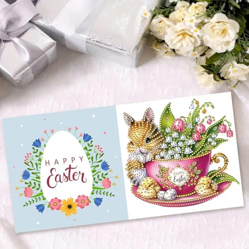 DIY Diamond Greeting Cards Set, 5D DIY Diamond Art Painting Festival Style Greeting Card, DIY Christmas Card Making Kits for Family Friends Handmade Gift-#20-Teacup Bunny - Image 3