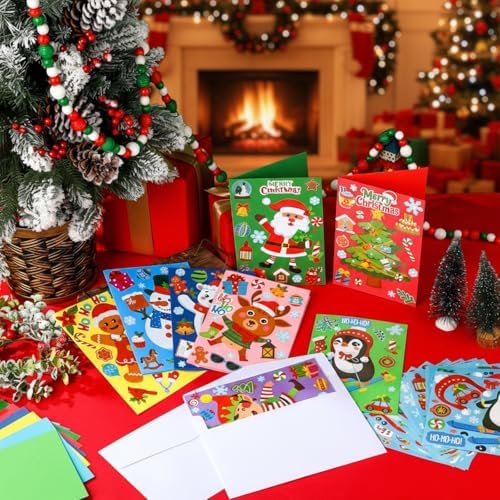 Fullhawl 48 Set Christmas Card Making Kits DIY Christmas Craft with Stickers and Envelopes Make Your Own Greeting Card Handmade Xmas Folded for Gift Party Decor Home Activities (Xmas) - Image 2