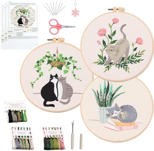 Ohcol 3 Sets Cat Embroidery Kit,Needlepoint Kits for Adults Beginner,Needle Point Sets with Washable Pre-Printed Pattern,1 Hoop,Women Hand Crafts by Ohcol