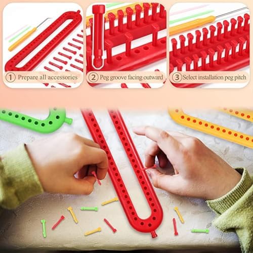 Katech 3 pcs Rectangle Knitting Looms Set Dense Pegs Loom Knitter Different Sizes Colorful Plastic Weaving Looms Set DIY Yarn Weaving Kits with a Crochet Hook and Needle (Color is Random) - Image 3