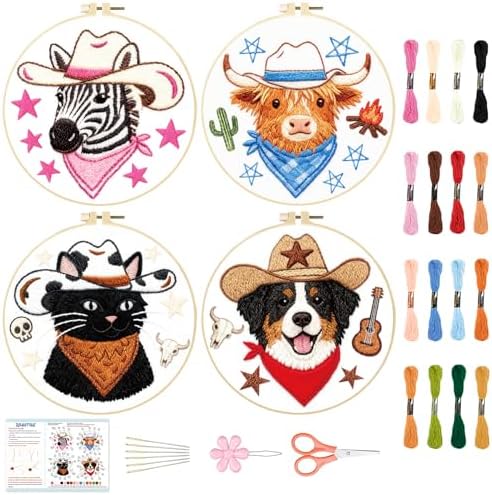 BEUNITONE 4 Set Embroidery Kit for Beginners, Animal Cowboy Patterns Cross Stitch Kits, Needlepoint Kits for Adults with Hoop, Cute Hand Embroidery Patterns for Cloth and Home Decor by BEUNITONE