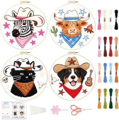 BEUNITONE 4 Set Embroidery Kit for Beginners, Animal Cowboy Patterns Cross Stitch Kits, Needlepoint Kits for Adults with Hoop, Cute Hand Embroidery Patterns for Cloth and Home Decor by BEUNITONE
