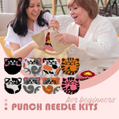 Punch Needle Kit for Beginners Adults Easy Needle Punch Embroidery Tool Set Including Threader Instruction Fabric Hoop Yarn Coaster DIY Making Kit Supplies,Set of 8 Cat Cute Pet Art Crafts Gifts - Image 2