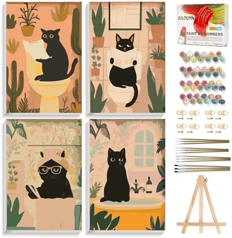 JULOUYN 4 Pack Black Cat Adult Paint by Number Kits with Framed 8x12 in by JULOUYN