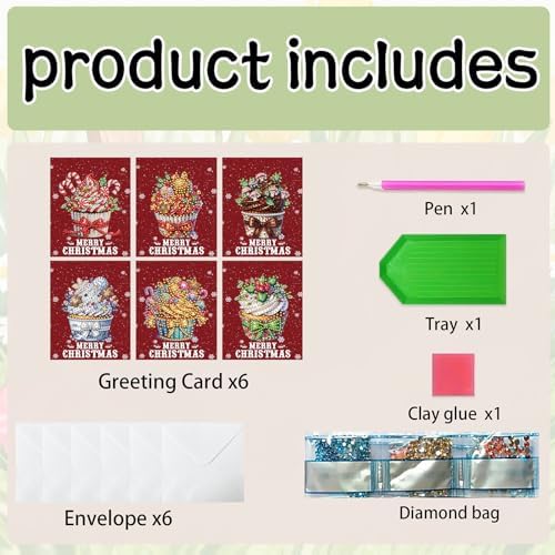 jinglinhh 6pcs Diamond Art Painting Christmas Cupcake Greeting Cards with Envelopes, DIY Card Making Kits for Adults, Diamond Art Christmas Cards for Birthday Holiday Postcards - Image 3