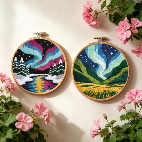INFUNLY 2 Set Aurora Scenery Punch Needle Kit Natural Landscape Punch Needle Embroidery Kits for Adults DIY Punch-Stitching Kit with Instruction Threader Needles Frame for Wall Decor - Image 6