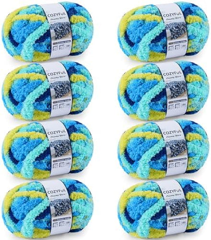 Cozyful Chunky Yarn for Hand Knitting - #10 Chunky Chenille Blanket Yarn, Jumbo Big Thick Chunky Yarns for Crocheting, Tie Dye Bulky Knit Yarns, 8 Skein (20 yds 8 oz Each Skein), Multi Blue & Yellow by Cozyful