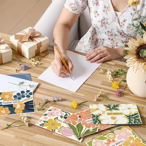 Saillong 12 Pack Thank You Diamond Painting Greeting Card Kit DIY Spring Flower Diamond Art Cards with Envelope Teacher Appreciation Gift 5D Rhinestones Painting Making Kit for Adult Teacher DIY Craft - Image 2