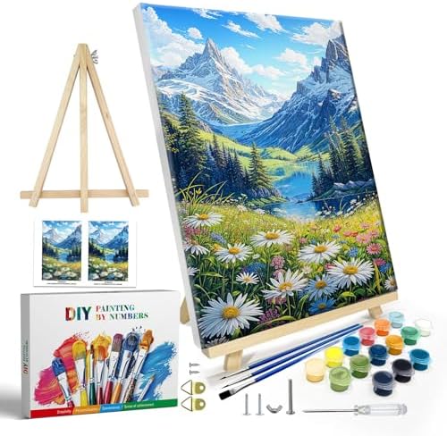 JOOZ Mountain Paint by Numbers Kit for Adults with Frame, Landscape Paint by Number with Easel, DIY Landscape Flower Adult Paint by Number Kits Framed Canvas for Home Wall Decor 8 x 12 Inch by Jooz