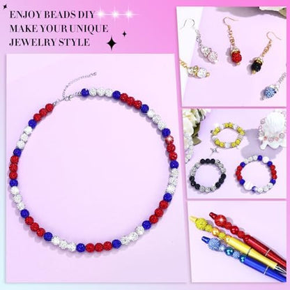 Dowarm 255PCS 10mm Rhinestone Beads for Baseball Rhinestone Necklace Bracelet Jewelry Making, Round Polymer Clay Beads for Crafts Beaded Pens, DIY Shamballa Pave Disco Diamond Bead, White|Red|Blue - Image 5