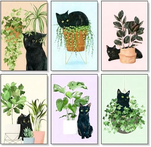 6 Pack Paint by Numbers Kit for Adults & Beginners, Black Cat & Green Plant by Okarina