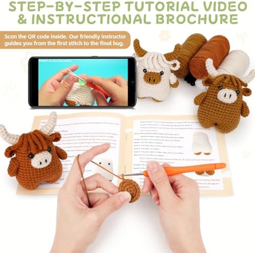 Fortuning's JDS Crochet Kit for Beginners - Crochet Highland Cow Beginner Crochet Kit for Adults, Complete Scottish Cow Crochet Animal Kits, Easy Crocheting Knitting Starter Kits Gifts - Image 5