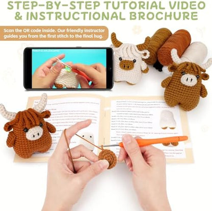 Fortuning's JDS Crochet Kit for Beginners - Crochet Highland Cow Beginner Crochet Kit for Adults, Complete Scottish Cow Crochet Animal Kits, Easy Crocheting Knitting Starter Kits Gifts - Image 5