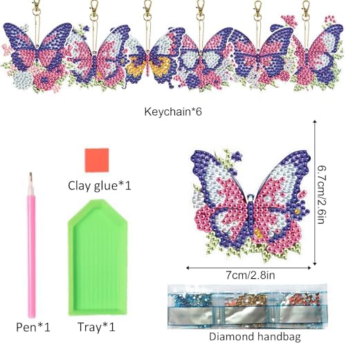 LazyFold 6Pcs Diamond Art Keychain Ornaments Kits for Adults,DIY Animals Butterfly Diamond Painting Keychain,Key Ring Art Pendant Tree Decor Gift（Single-Sided） - Image 2