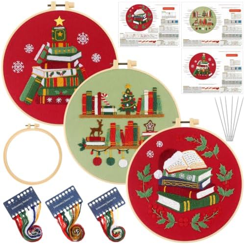 Mindsoft 3 Sets Christmas Booklover Embroidery Kit with Hoop Easy Pattern by Mindsoft