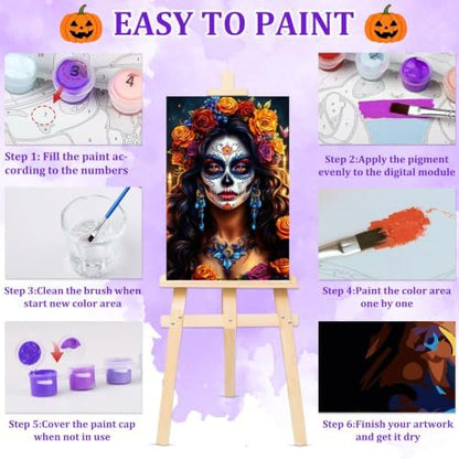 NAIMOER Halloween Paint by Numbers Kits for Adults Beginner with Wooden Framed, Women Flowers Color by Numbers on Canvas Painting Kits for Adults, Easy Paint DIY Acrylic for Home Wall Decor 8X12 Inch - Image 6