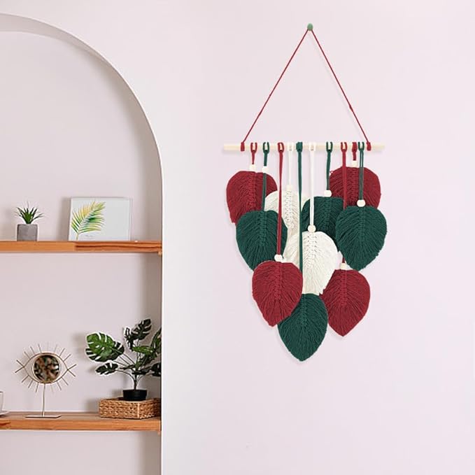 FREEBLOSS DIY Christmas Color Macrame Leaf Kit Macrame Leaf Wall Hanging Bohemian Leaf Tapestry Decor Macrame Kit for Beginners Handmade Feather Wall Decorations for Bedroom Dorm
