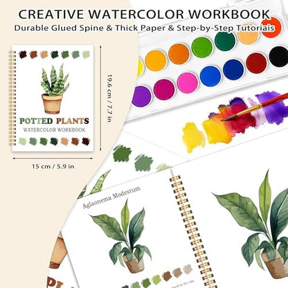 Potted Plants Favorites Watercolor Workbook, Easy Water Coloring Book for Adults Beginners, 12 Patterns, 18 Colors Watercolors Paint Set, Watercolor Kit, Gift for Women Plant Lovers Teen - Image 2