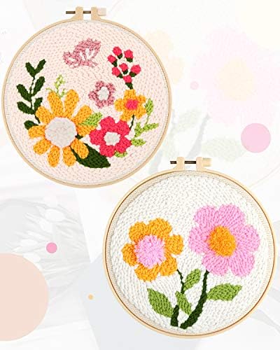 Pllieay 2 Set Punch Needle Embroidery Starter Kits Include Instructions, Punch Needle Fabric with Pattern, Yarns, Embroidery Hoops for Rug-Punch & Pinch Needle - Image 2