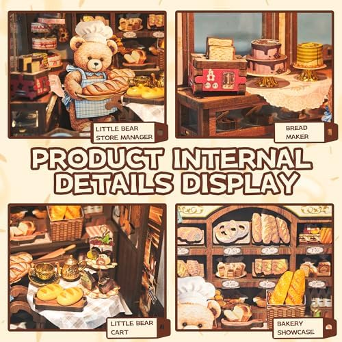 Book Nook Kit,DIY Miniature House kit,3D Puzzle Dollhouse Bookshelf Decor,Store Theme Booknook with LED Light Dust Cover,Gifts for Adults Teens and Beginners - Bear Bakery (SQ-65) - Image 4