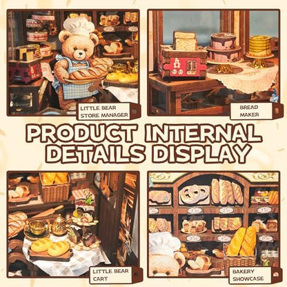 Book Nook Kit,DIY Miniature House kit,3D Puzzle Dollhouse Bookshelf Decor,Store Theme Booknook with LED Light Dust Cover,Gifts for Adults Teens and Beginners - Bear Bakery (SQ-65) - Image 4